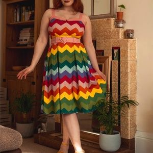 Collectif Dorothy Rainbow Chevron Swing Dress Pockets NWT US10 Modcloth